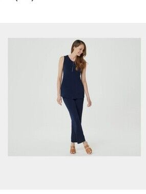 Susan Graver Petite Liquid Knit Zip-Front Top  And Pants Set In Navy. NWOT.
